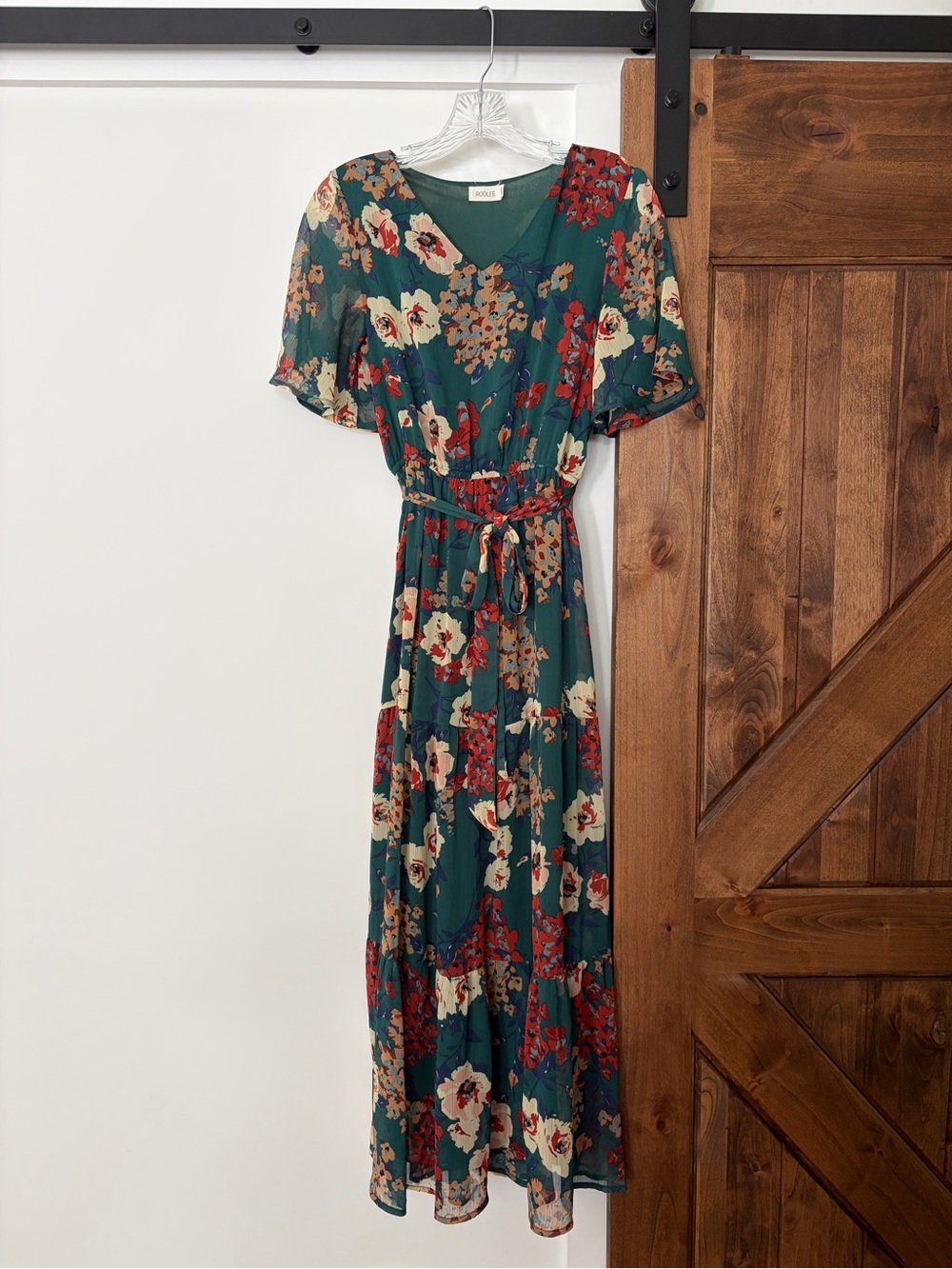 roolee green floral maxi dress with tie waist